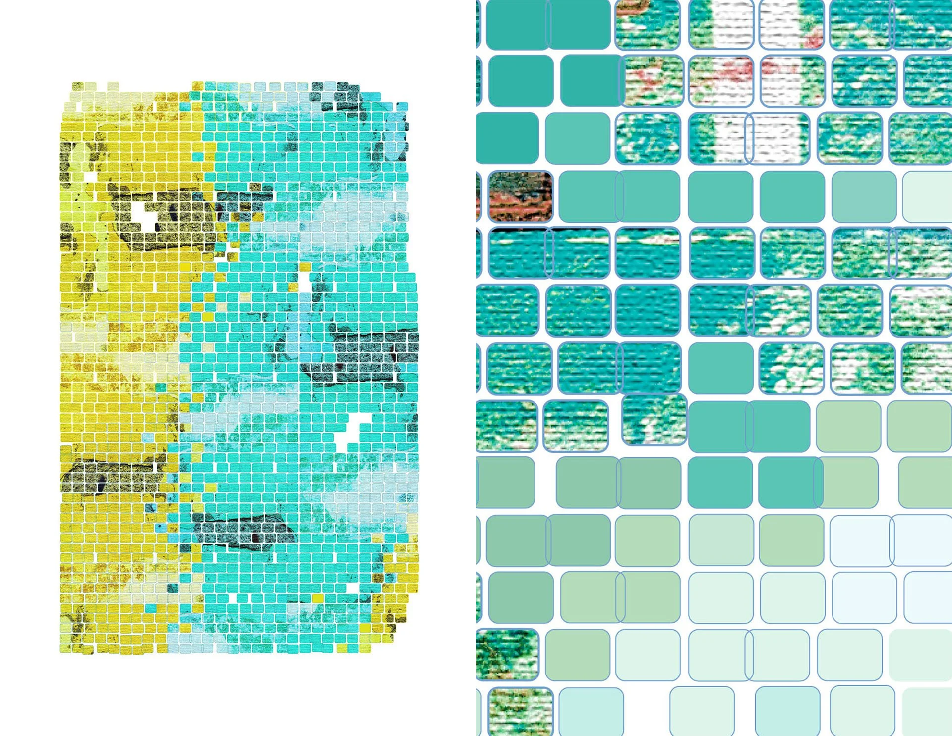 Acid Weave digital rug by KT Doyle in turquoise, yellow and pale blue, built from repeated geometric tiles and textile fragments