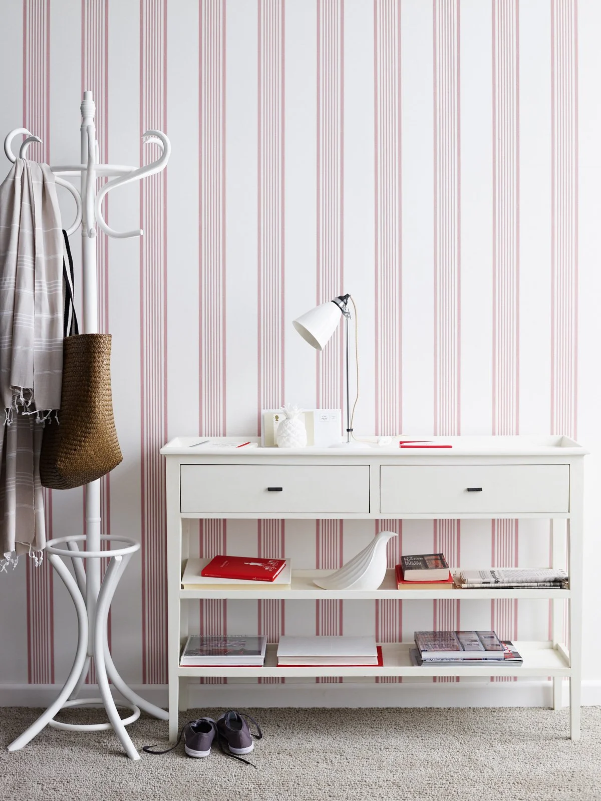 Ticking Stripes wallpaper by KT Doyle for Moore & Moore, reworking traditional utilitarian ticking stripes as a contemporary interior pattern