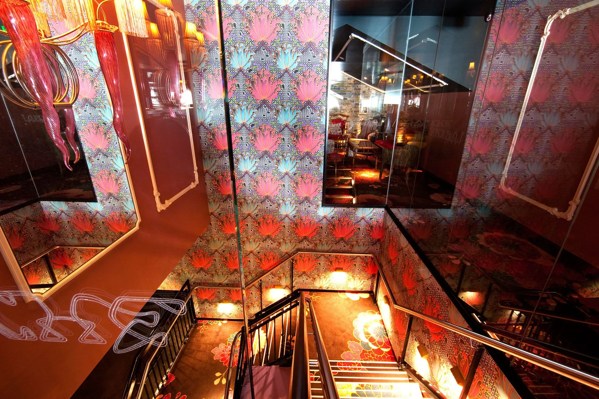 Laruche wallpaper by KT Doyle installed throughout the central stairwell of Laruche Bar and Supper Club in Brisbane