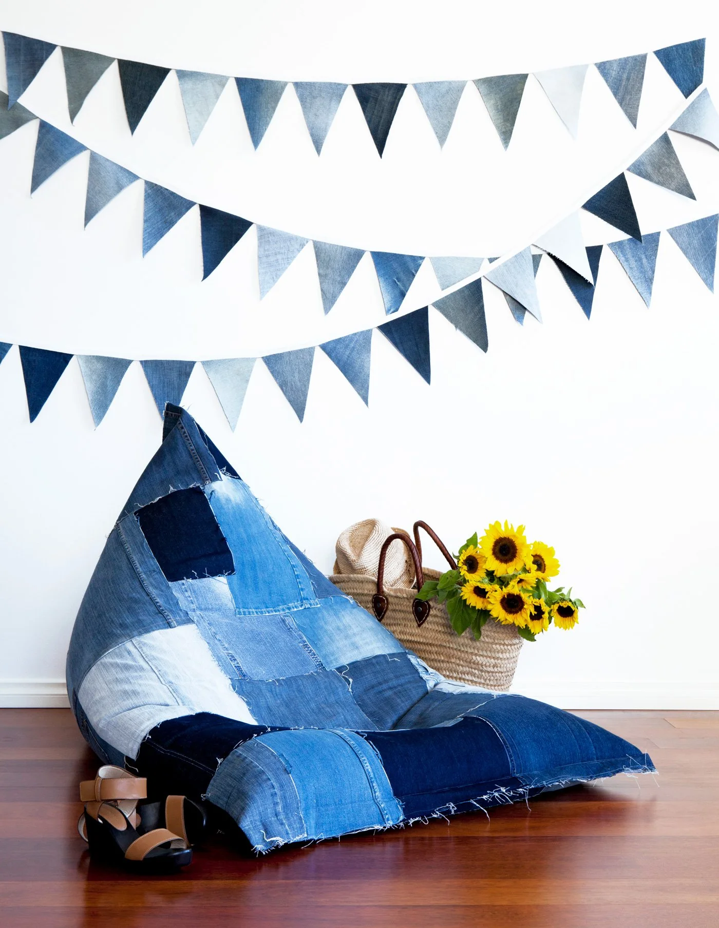 JEANBAG triangular bunting handmade from recycled denim jeans in varied blue washes