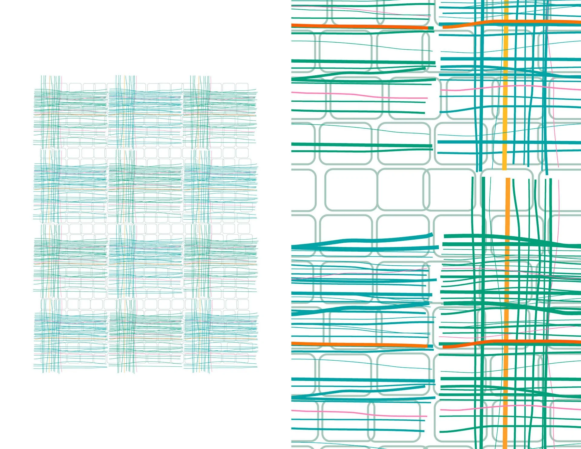 Acid Weave textile sample by KT Doyle, layering turquoise, green, orange and pink linear forms into a woven grid