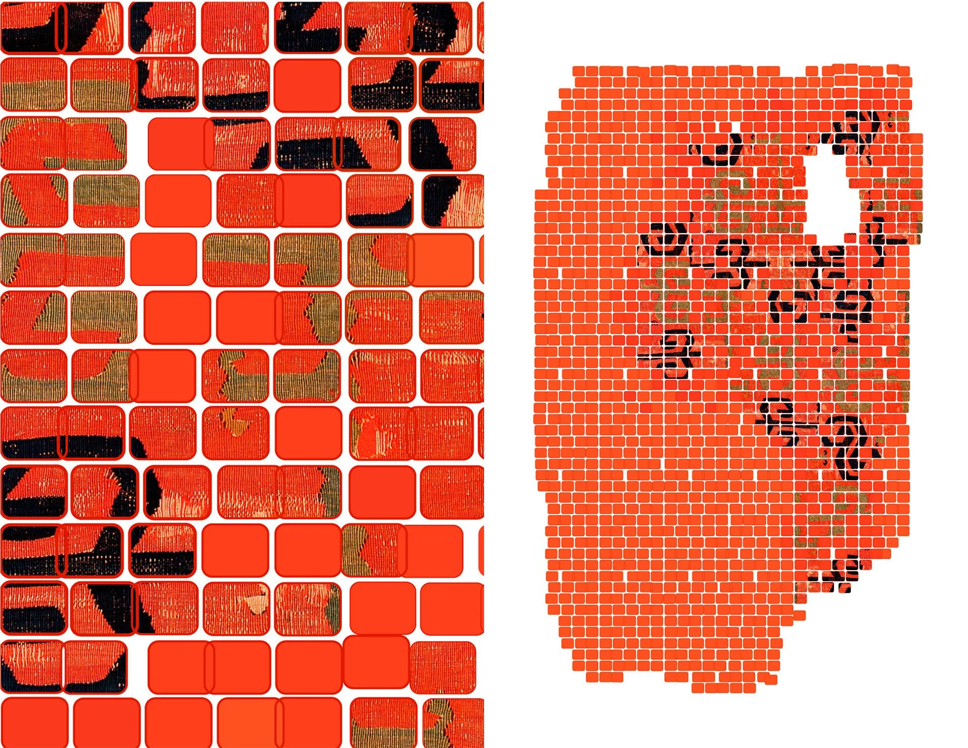 Acid Weave digital rug by KT Doyle in red and ochre, digitally reconstructing fragments of woven textile imagery through a grid of rounded forms