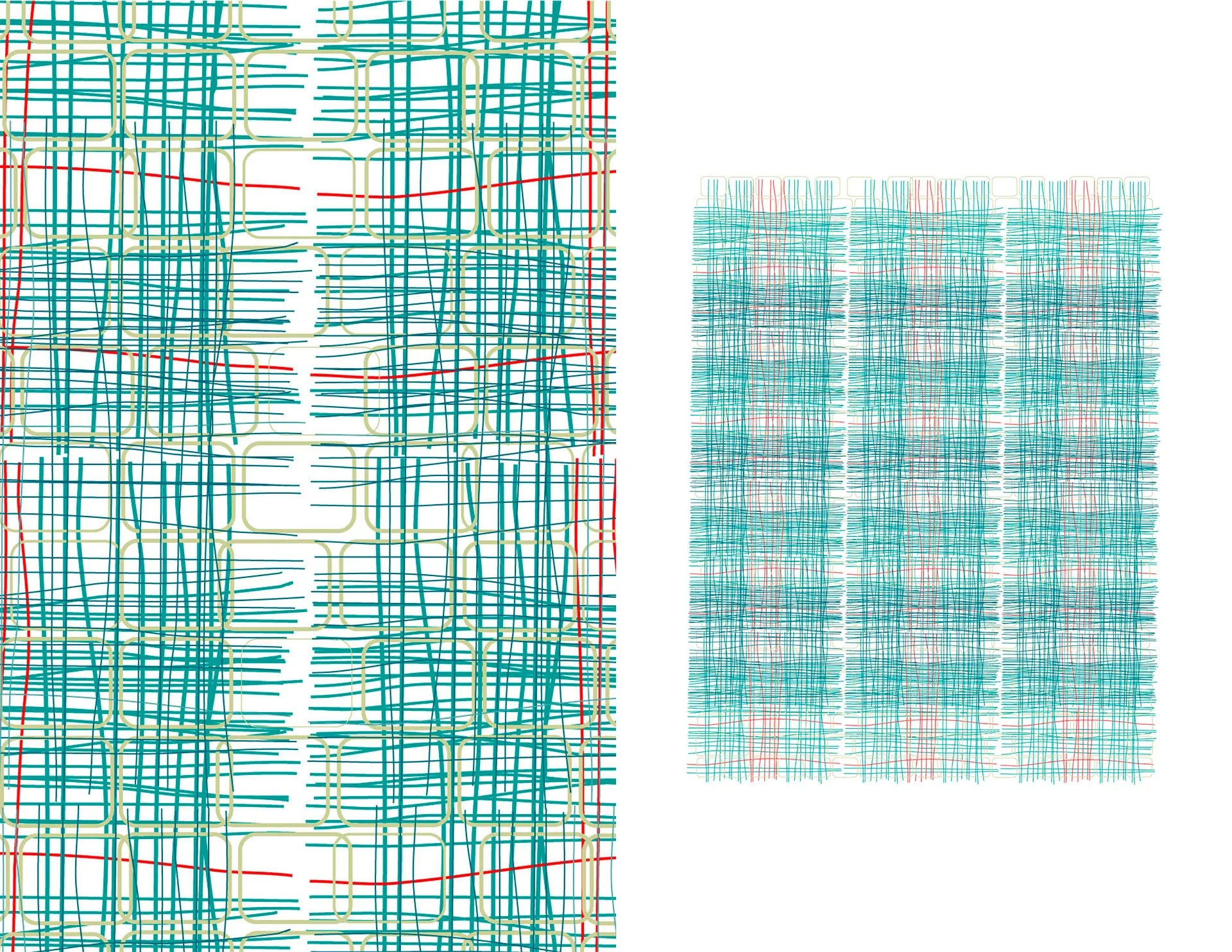Acid Weave textile sample by KT Doyle, combining turquoise, green and red linear forms in a dense digitally constructed weave