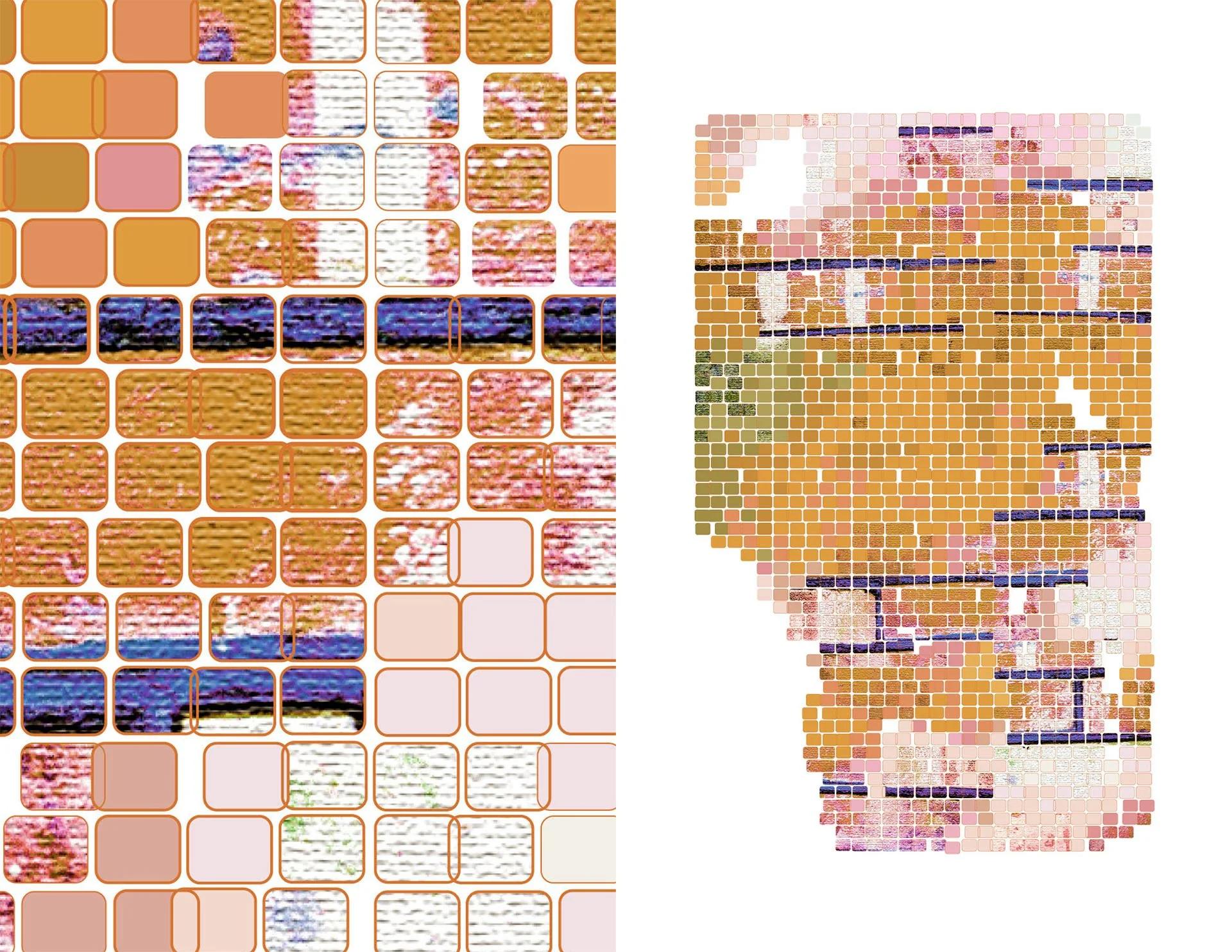 Acid Weave digital rug by KT Doyle in ochre, pink and cream, digitally assembling textile fragments into an irregular woven form