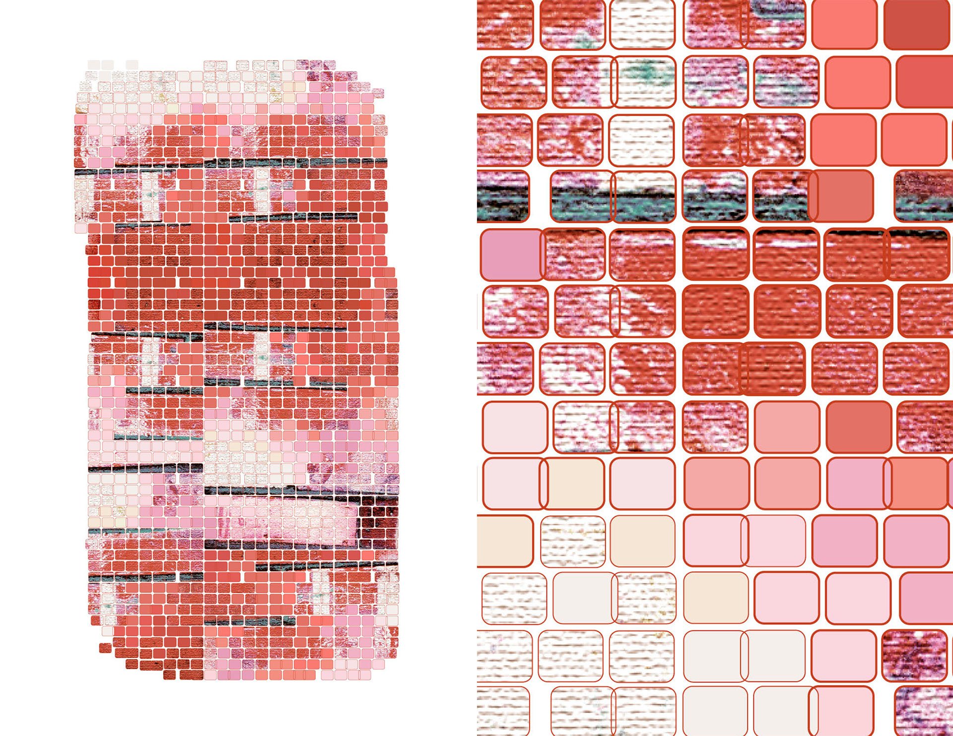Acid Weave digital rug by KT Doyle in coral and pale pink, combining fragmented woven textile imagery with repeated geometric tiles