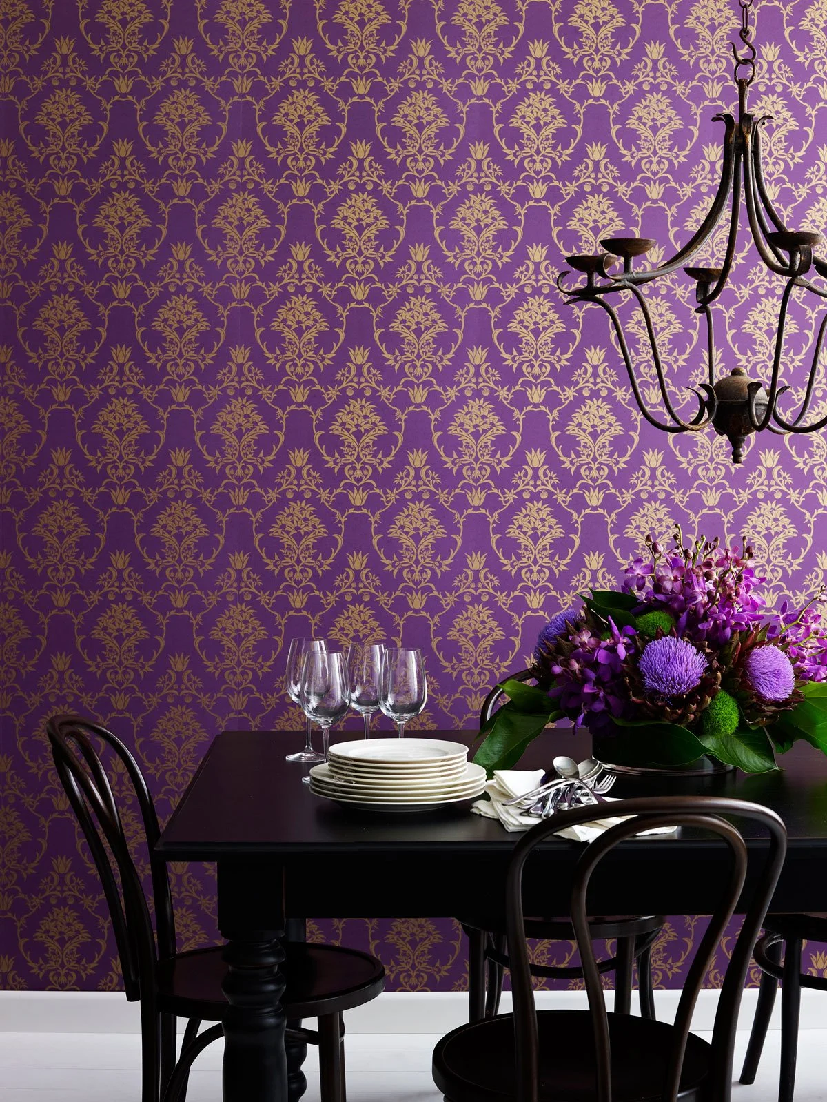 Flannel Flower Damask wallpaper by KT Doyle for Moore & Moore, placing the Australian native flannel flower within a traditional damask structure