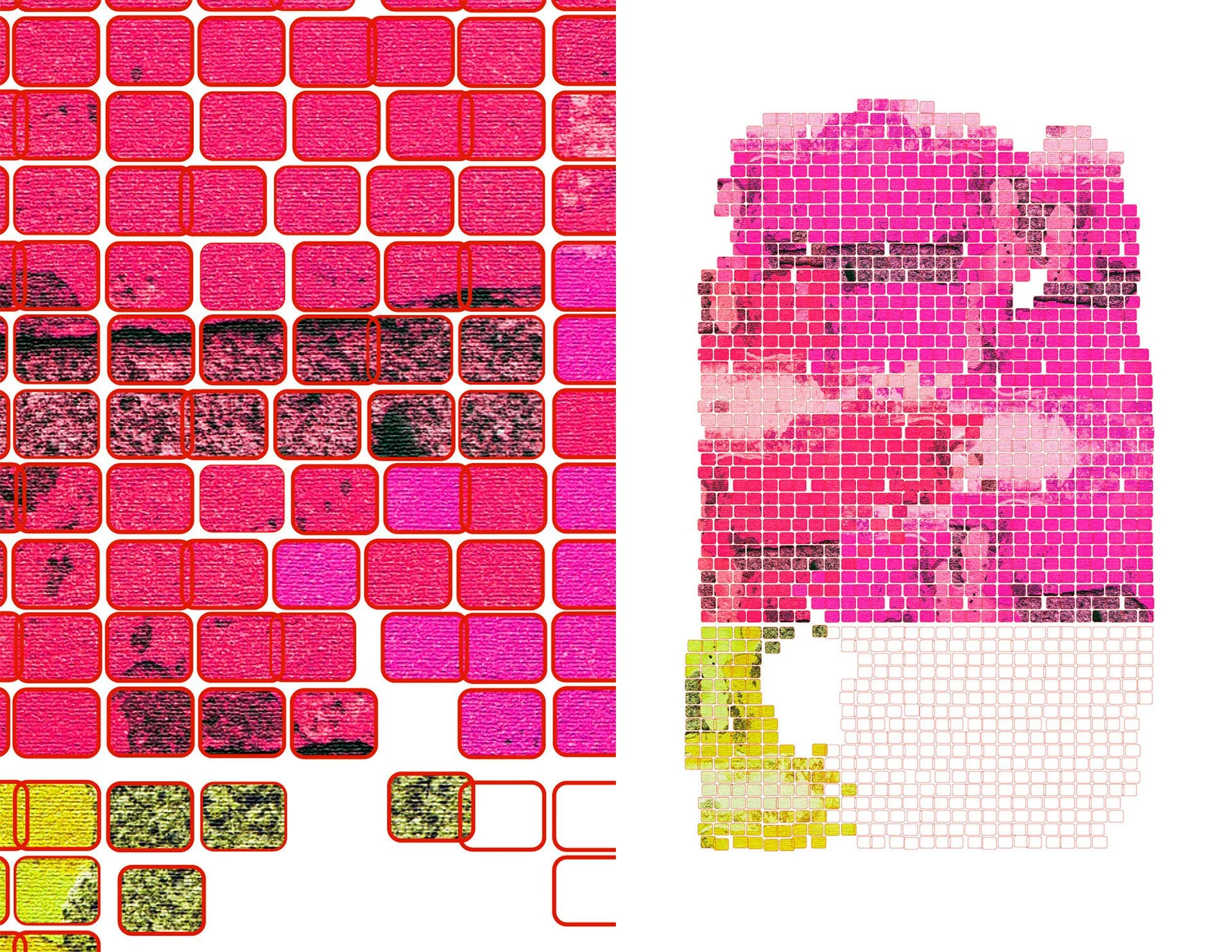 Acid Weave digital rug by KT Doyle in vivid pink and green, combining repeated tiles with fragments of woven textile imagery