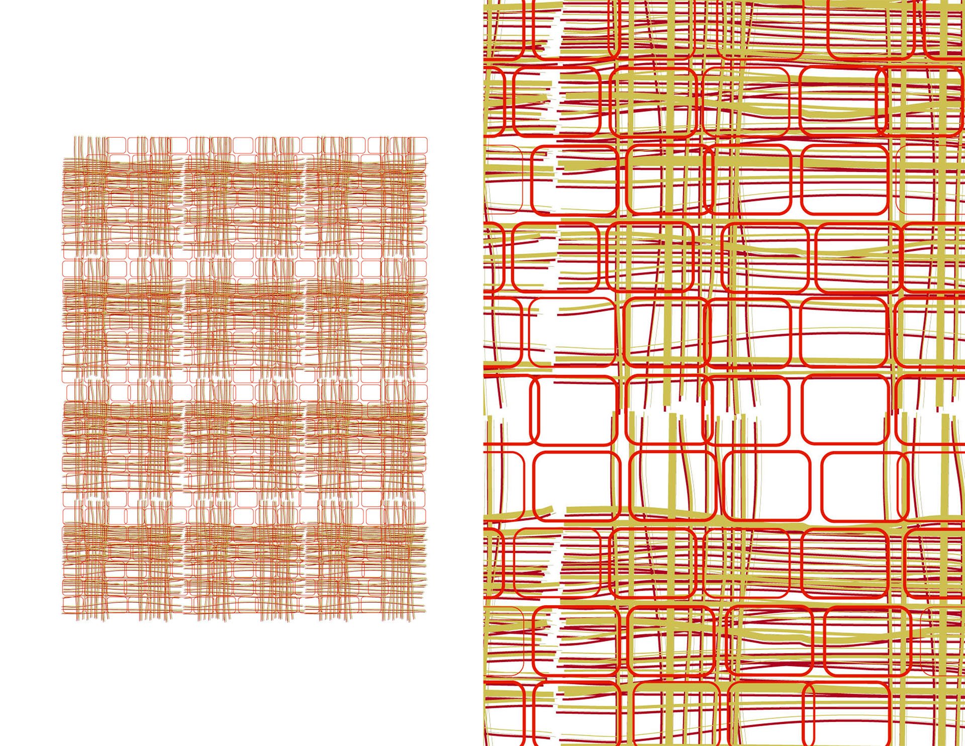 Acid Weave textile sample by KT Doyle, layering fine red and ochre linear forms into a digitally constructed woven pattern