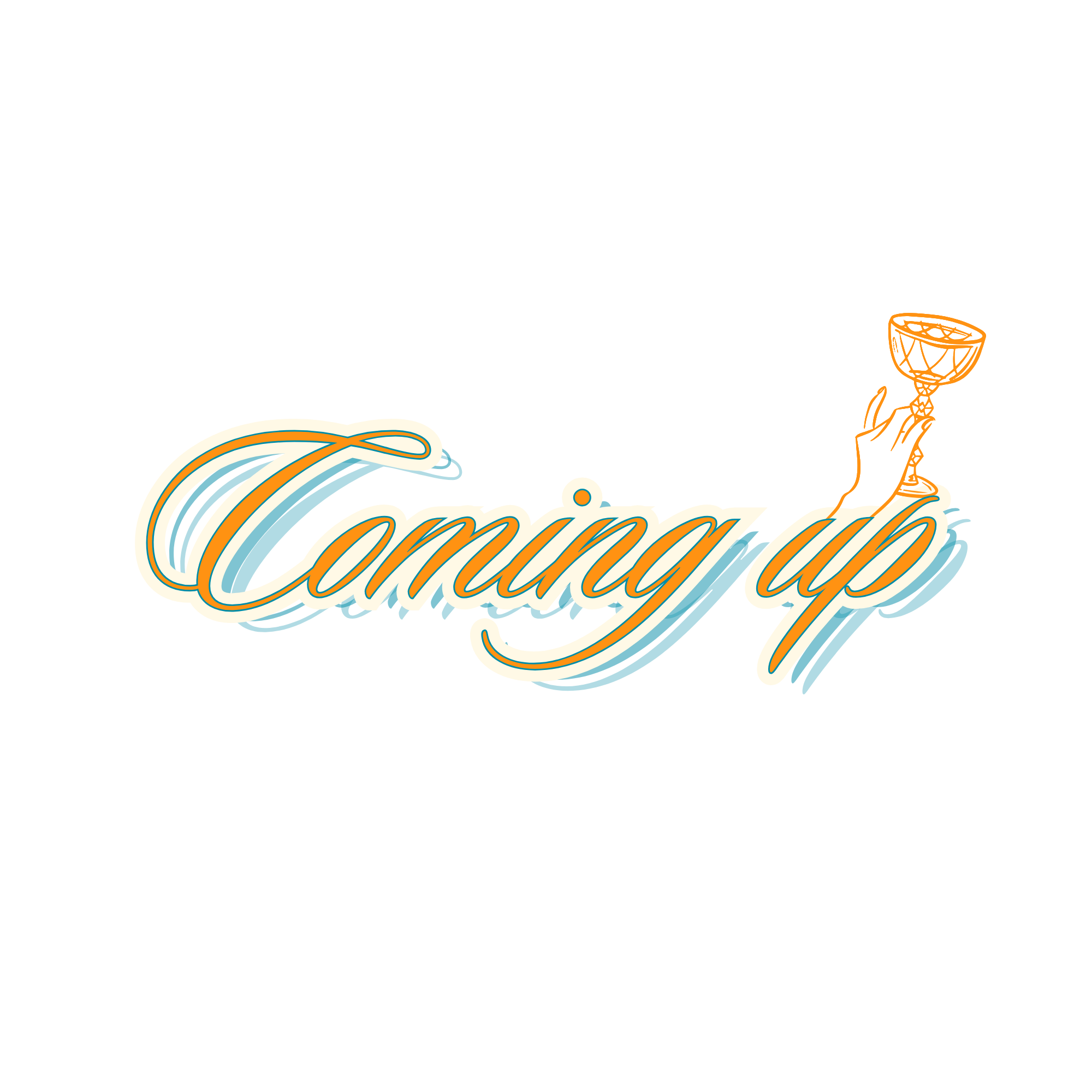 A stylized graphic of  the words 'Coming up' written  in cursive font, and a small orange chalice  above the text.