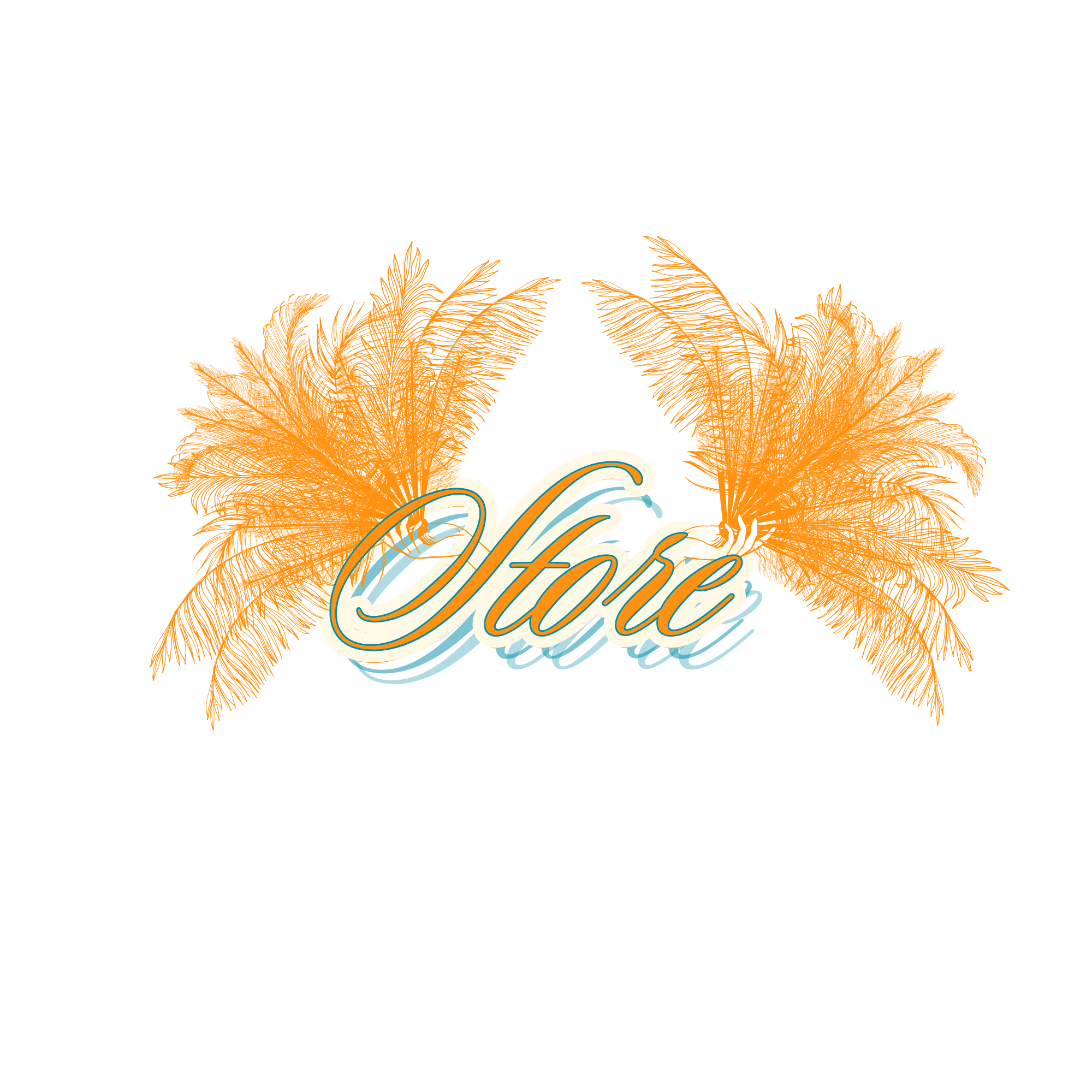Decorative graphic with orange feathers and stylized lettering that reads "Store" on a black background.