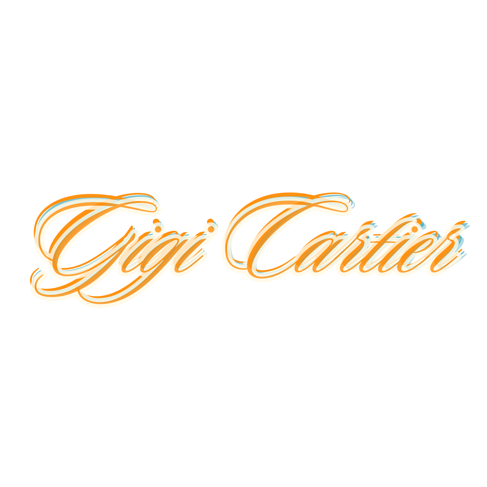 Orange cursive gfx reading 'Gigi Cartier'