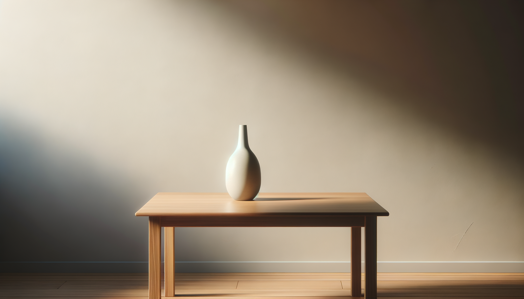 A single white vase on a wooden table with sunlight casting shadows on a plain wall.