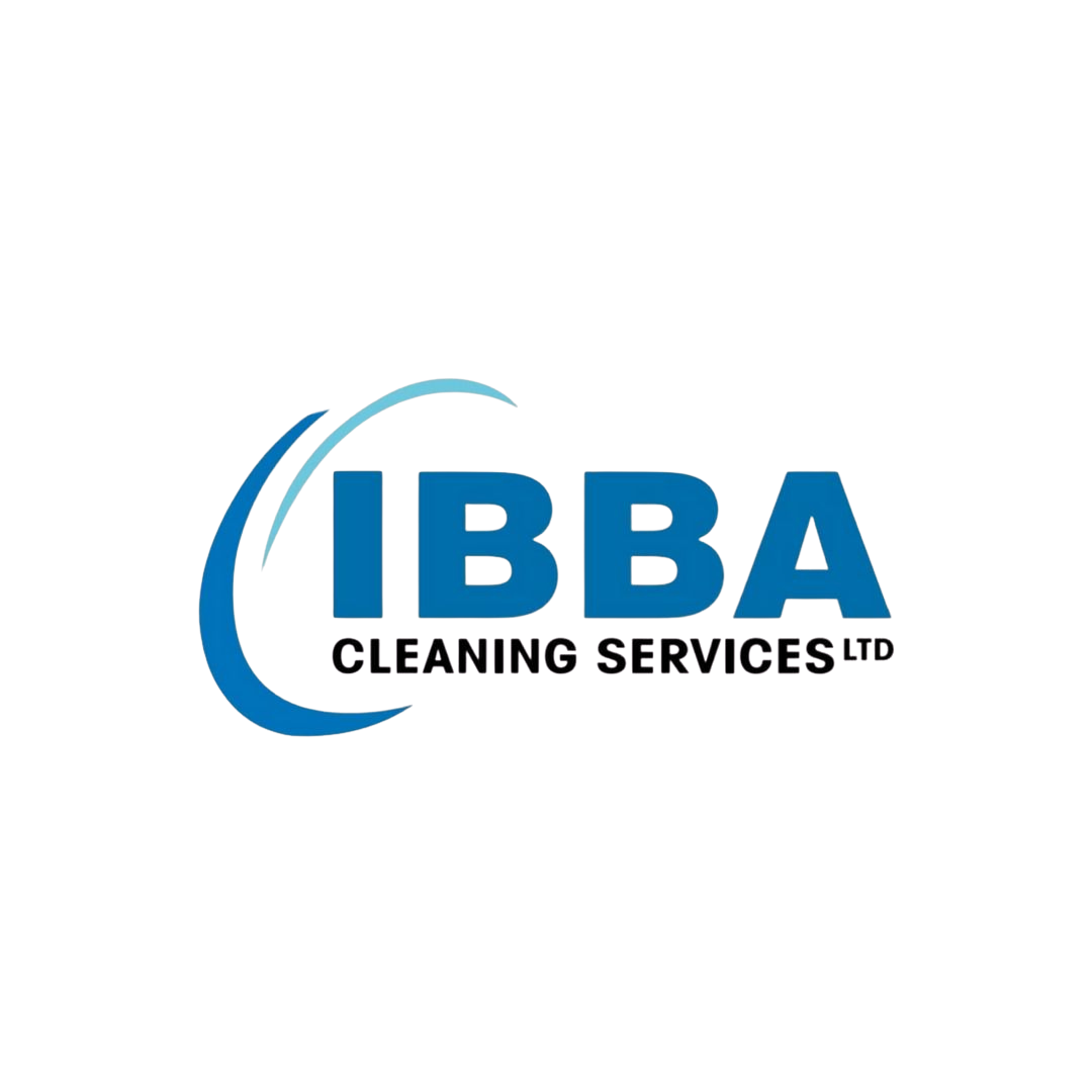 Logo for IBA Cleaning Services Ltd featuring a blue swoosh and bold blue text