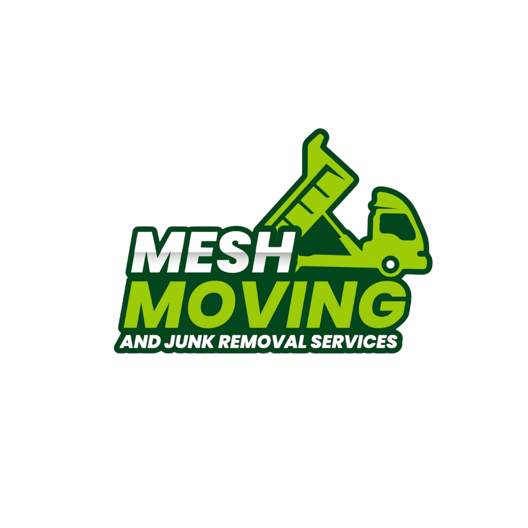 Logo for Mesh Moving and Junk Removal Services featuring a green moving truck, a ruler, and bold green and white text.
