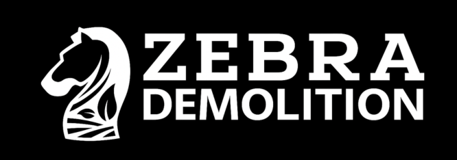 Zebra demolition logo with zebra head silhouette and bold text on black background.