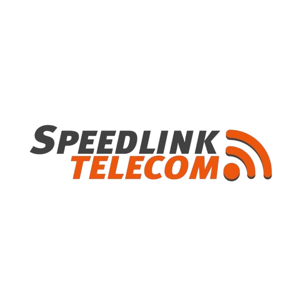Logo with the text 'Speedlink Telecom' in stylized 3D font, with 'Speedlink' in gray and 'Telecom' in orange, alongside an orange signal icon.