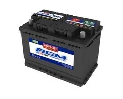 Automotive car battery with labels and terminals