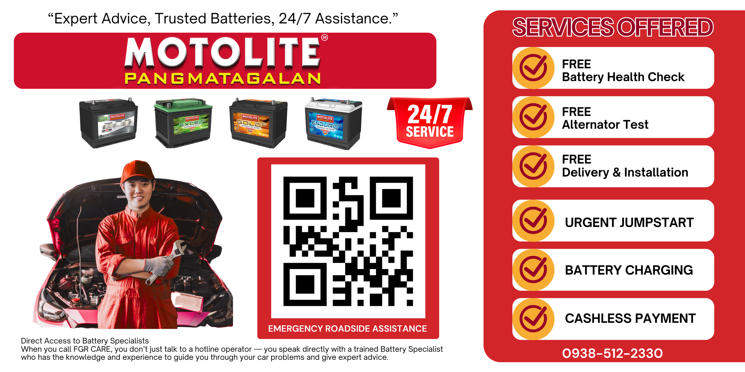A roadside assistance advertisement featuring four different car batteries at the top. Below, an automotive technician in a red jumpsuit and cap stands in front of an open car hood, holding a wrench, smiling. To the right, a list of free services offered, including battery check, alternator test, delivery and installation, urgent jumpstart, battery charging, and cashless payment. A large QR code is in the center, with a red banner promoting 24/7 service and a phone number at the bottom.