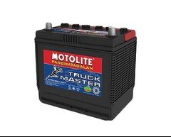 A black vehicle battery with red, blue, and white branding indicating Motolite Truck Master.
