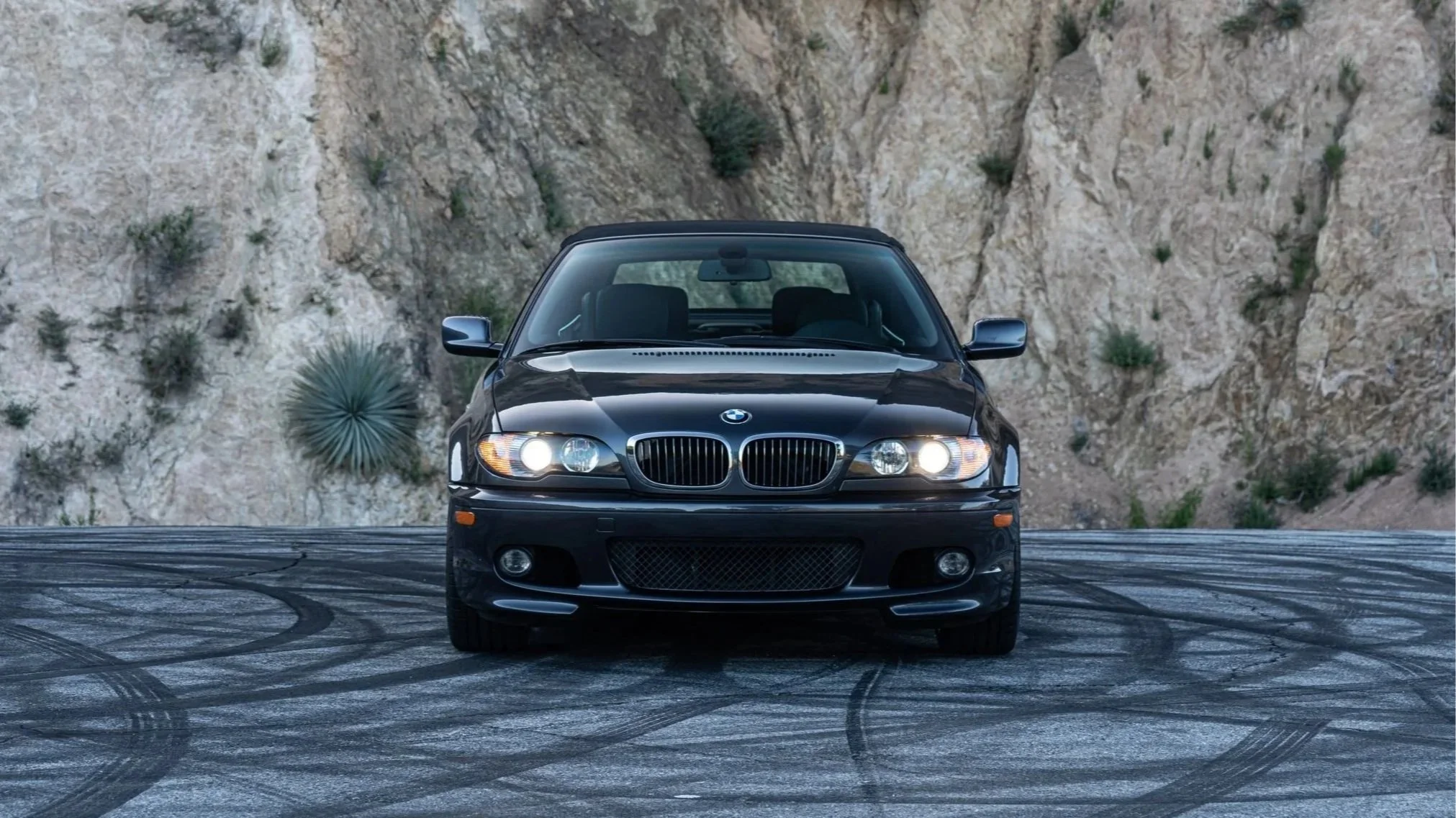Black BMW car parked on a road with tire marks, with rocky desert terrain and sparse desert plants in the background.