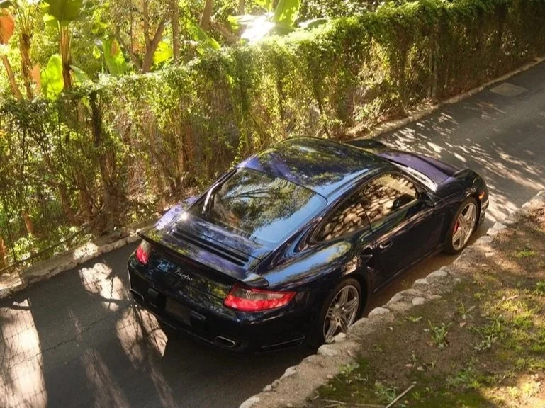 Black sports car parked on a driveway beside a green hedge and trees.