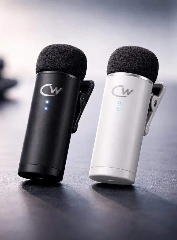 A pair of clip on microphones with a sleek design