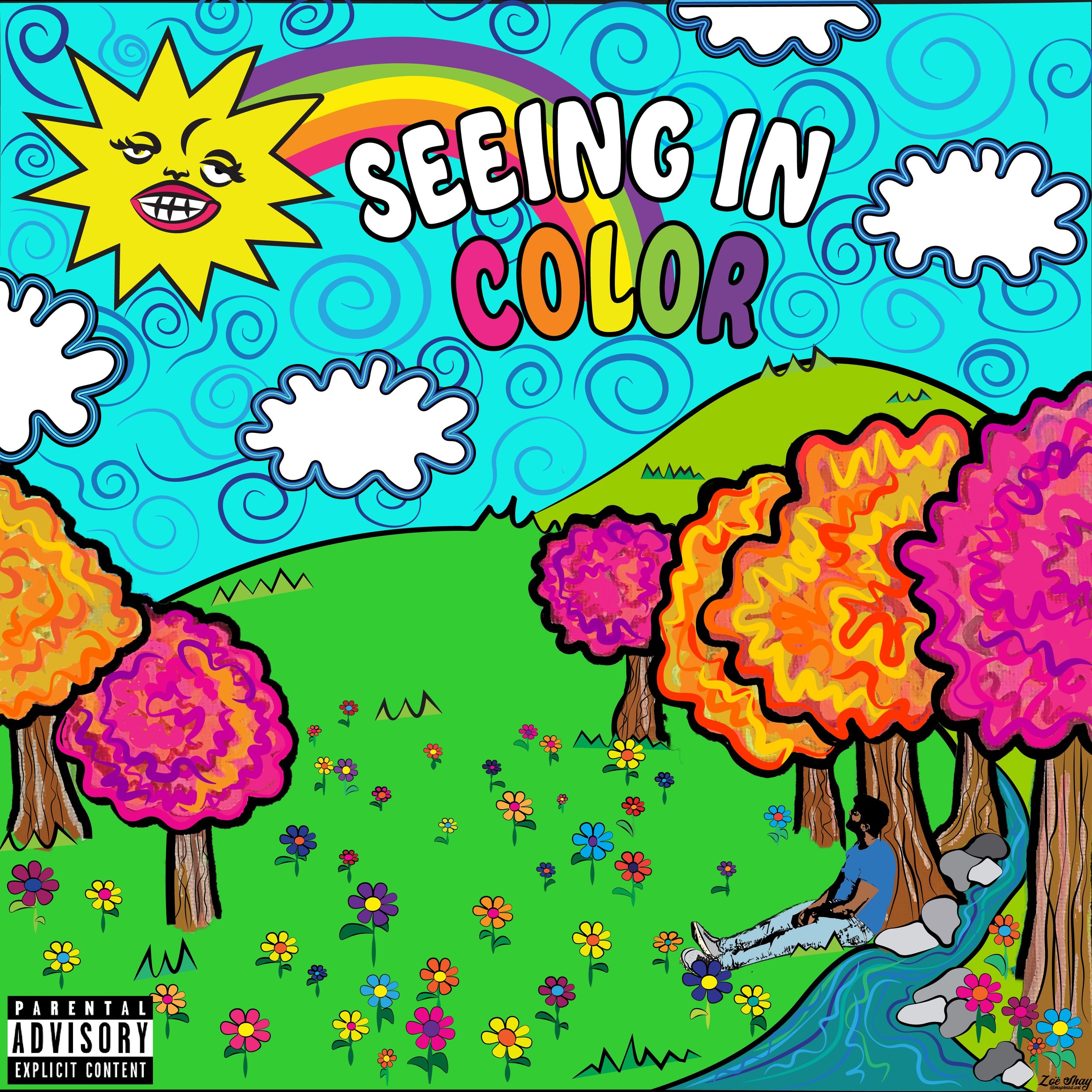 Colorful cartoon landscape with a smiling sun, rainbow, blue swirly sky, green hills, and vibrant trees. Flowers and Nadroj is sitting by a stream, with clouds in the sky and the words 'Seeing in Color' at the top. First Mixtape of Nadroj.