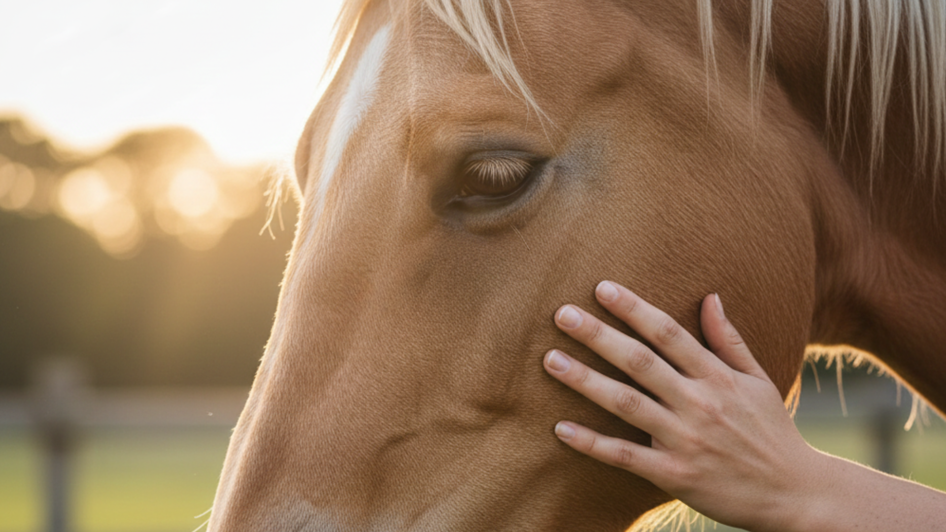 Close-up of a person's hand gently touching the cheek of a tan horse with a light-colored mane, outdoors during sunset with blurred background.