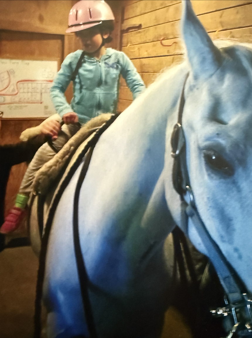Young girl wearing a pink riding helmet and a blue hoodie riding a white horse with a black bridle inside a wooden stable.