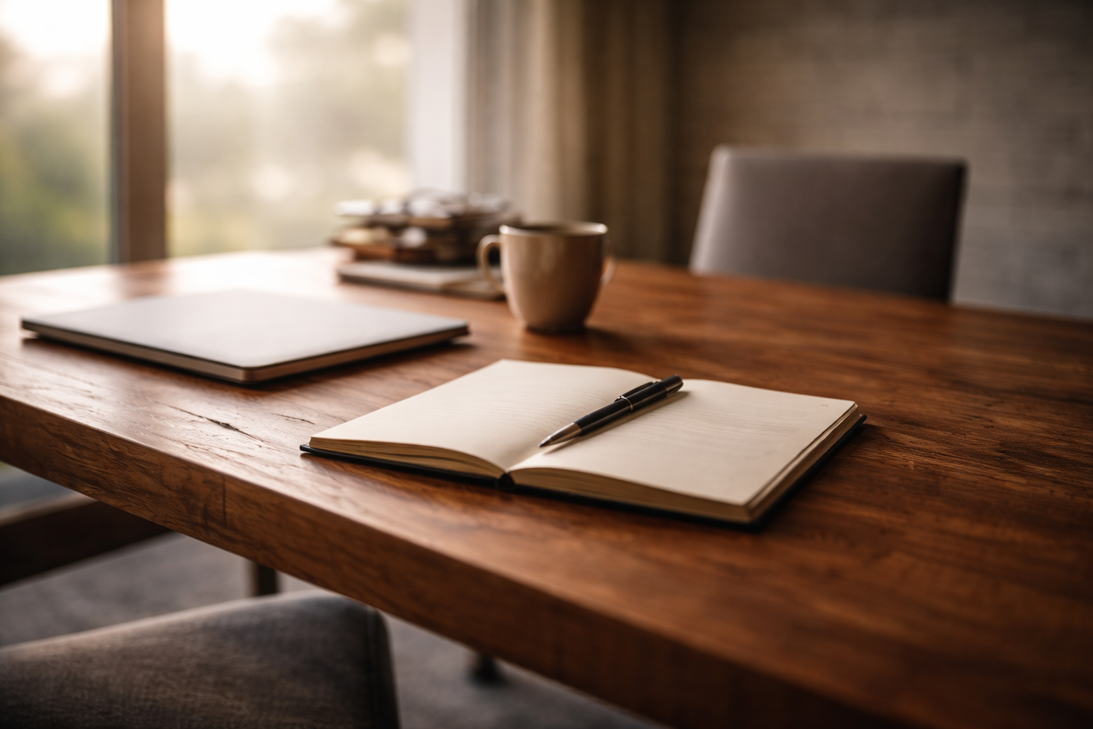 A wooden conference table with an open notebook and a pen, a closed laptop, a coffee mug, and a stack of plates in the background near a large window with sunlight.