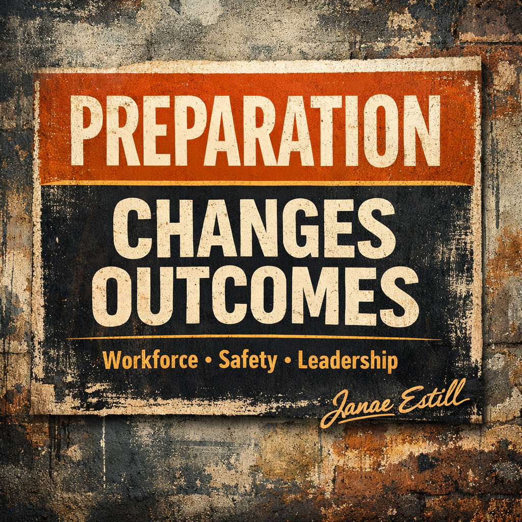 A grungy, vintage-style sign on a wall with the text "Preparation Changes Outcomes" and smaller text "Workforce, Safety, Leadership". It is signed "Janae Estill" in cursive.