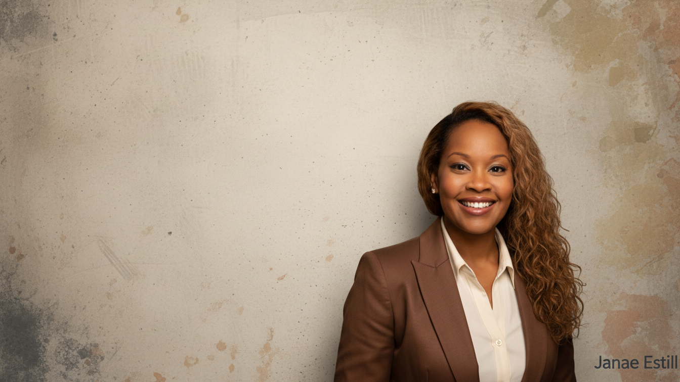 Headshot of a smiling woman with curly hair, wearing a brown blazer and a white shirt, standing against a textured beige wall. The name 'Janae Estill' is visible in the lower right corner.