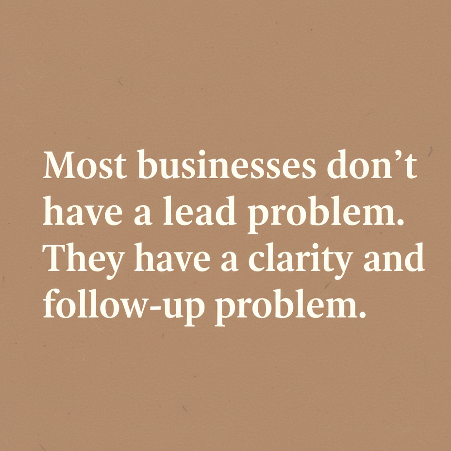 A motivational quote about business leads on a beige background.