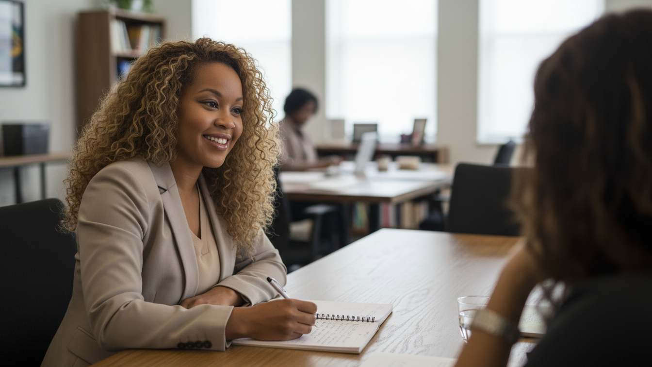 Two women having a conversation in an office, one smiling and writing in a notebook, the other listening with a glass of water nearby.