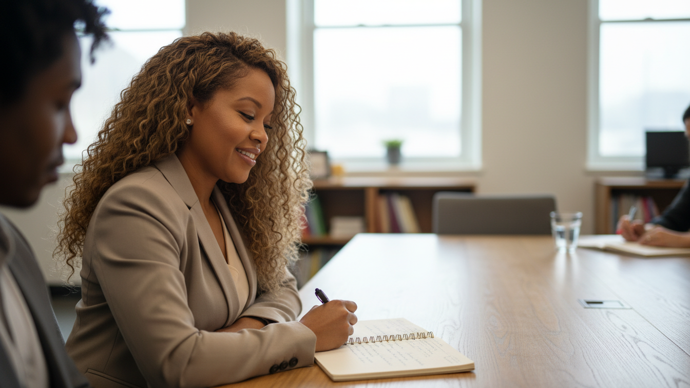 A woman with curly hair smiling and taking notes at a conference table during a meeting in a bright office.