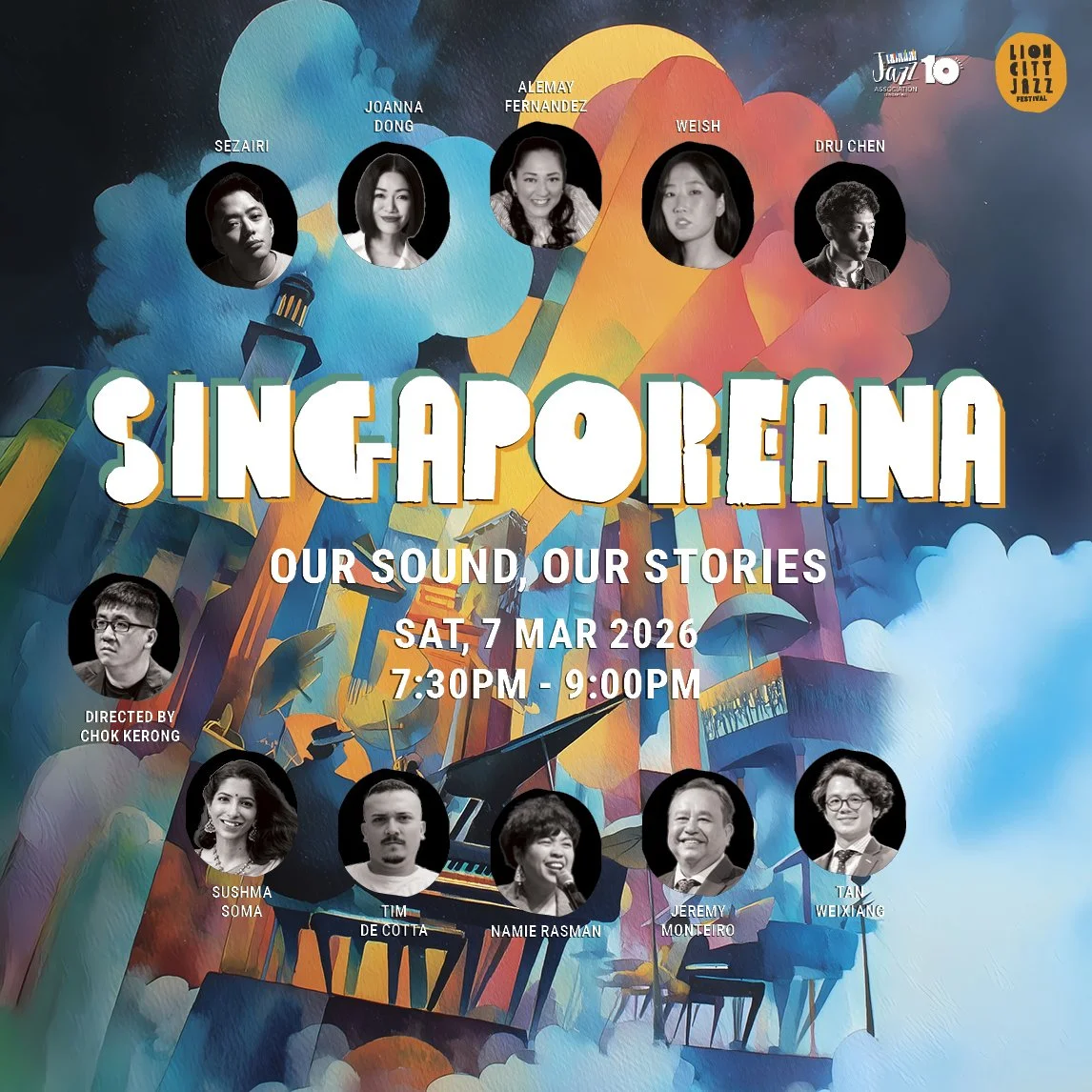A vibrant event poster for SingaPoreana, showcasing upbeat musical performers with their photos, date, time, and tagline 'Our Sound, Our Stories'.