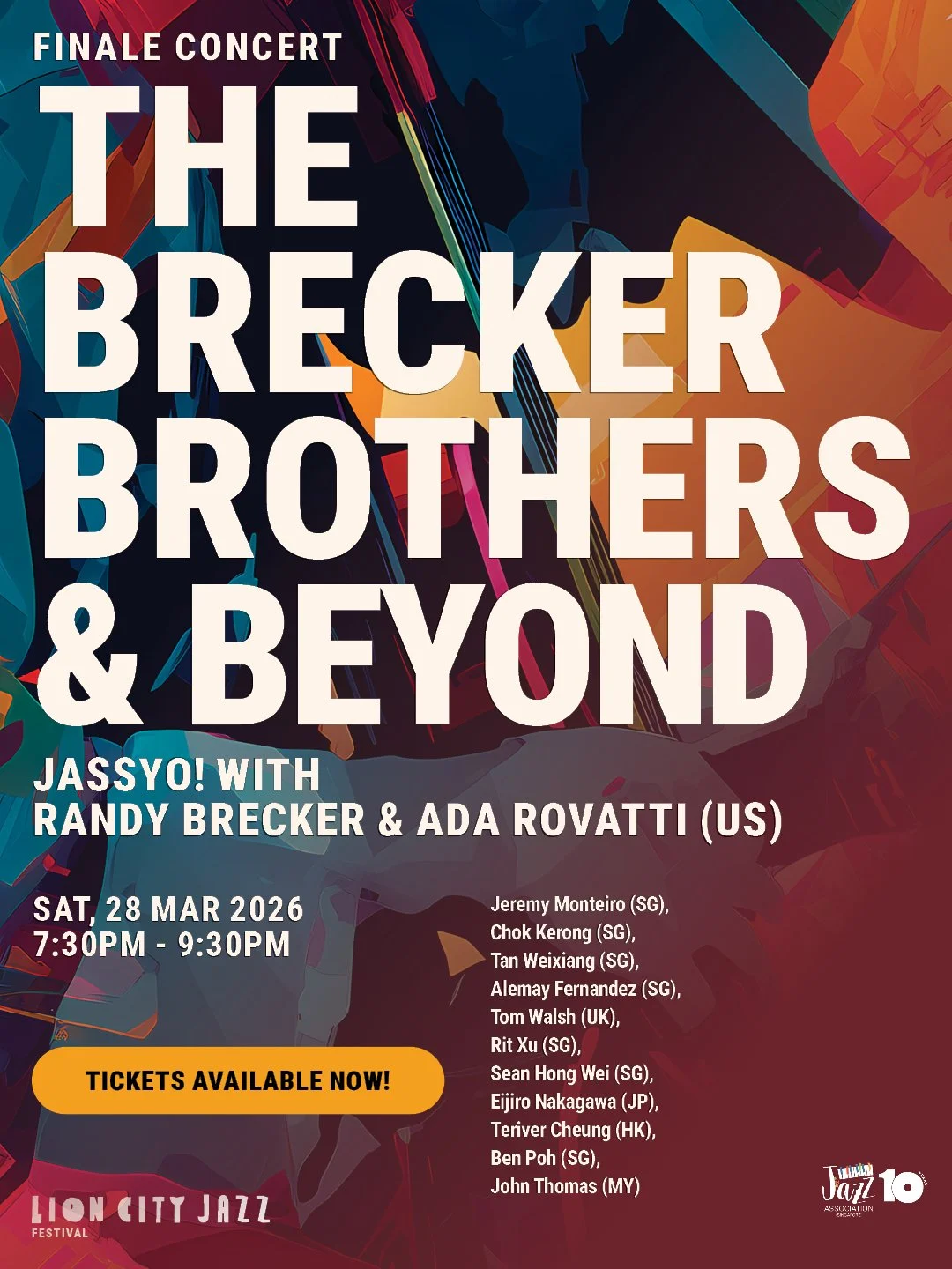 A colorful, abstract background poster for an event titled 'The Brecker Brothers & Beyond Final Concert', with Randy Brecker and Ada Rovati, scheduled for Saturday, March 28, 2026, from 7:30 PM to 9:30 PM at the Lions City Jazz Festival. The poster includes a list of performers and a yellow button stating 'Tickets Available Now!'.