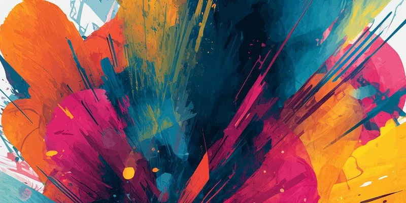 Abstract colorful splash of paint with vibrant shades of pink, orange, yellow, blue, green, and black.