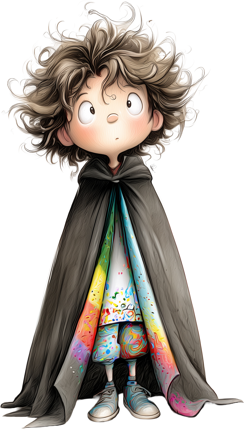 A cartoon-style illustration of a young boy with messy, voluminous hair wearing a black cape. His eyes are wide and looking upward. Underneath his cape, he wears colorful, tie-dye clothing and sneakers, appearing curious and innocent.