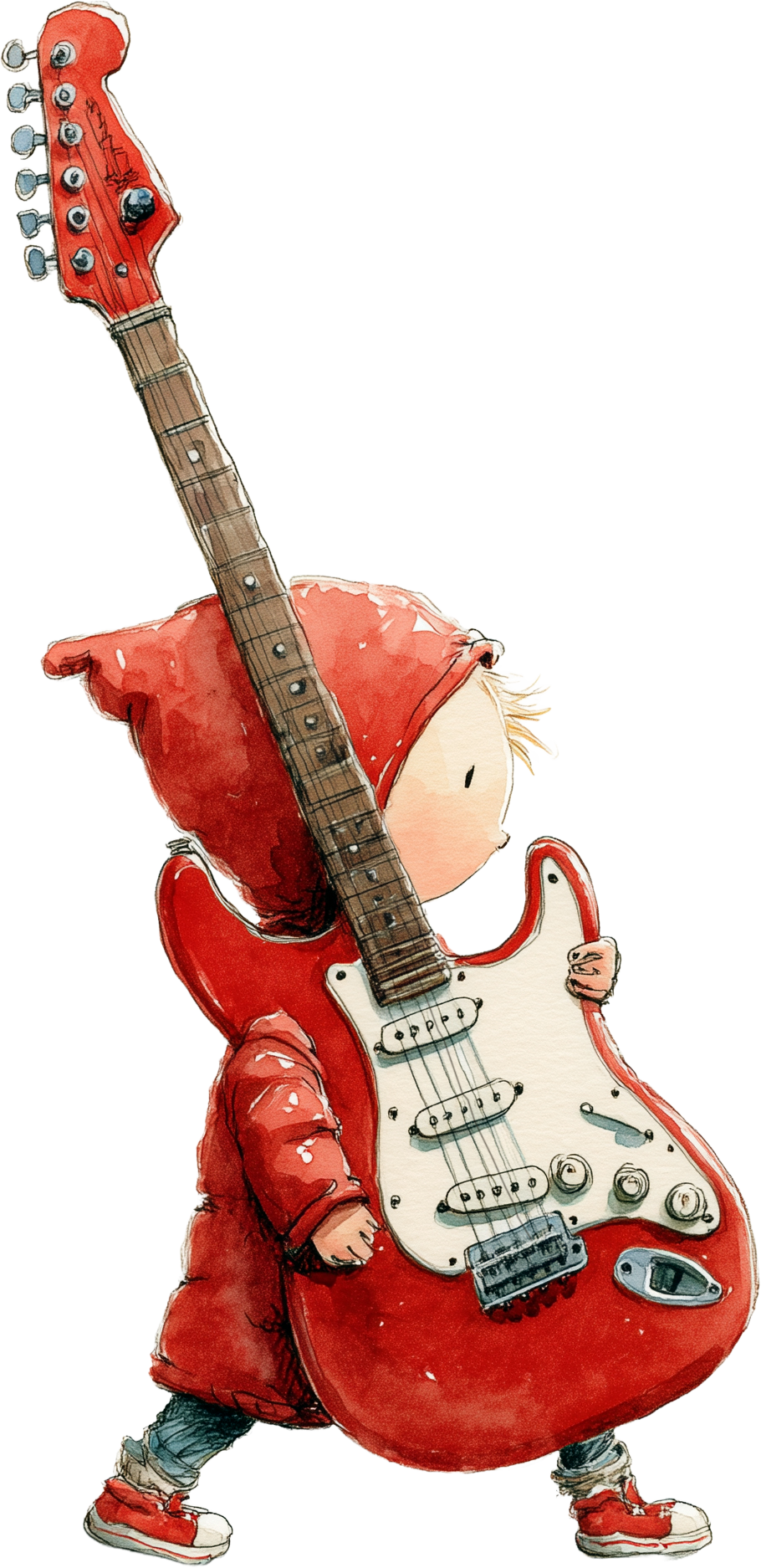 A young child in a red hoodie and red shoes holding a large red electric guitar.