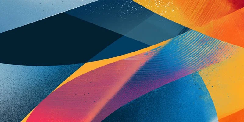 Abstract colorful geometric shapes with gradients in blue, pink, orange, and yellow.