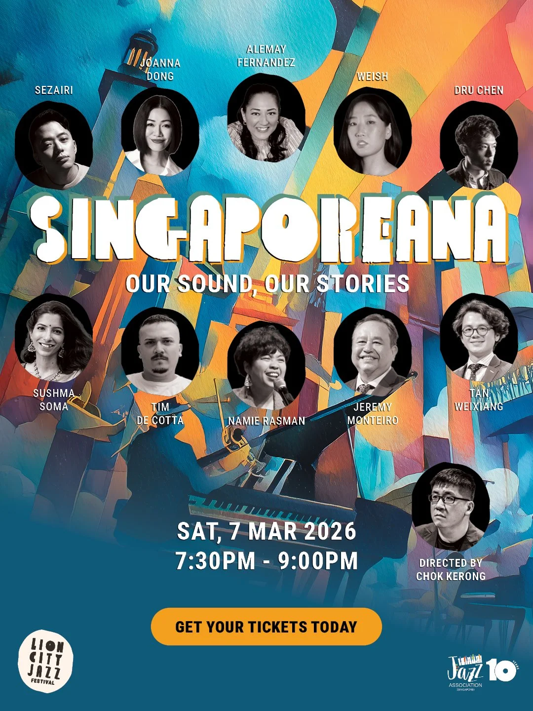 Event poster for 'Singapore: Our Sound, Our Stories,' a concert scheduled for Saturday, March 7, 2026, from 7:30 PM to 9:00 PM, featuring photos of performers and the event details.