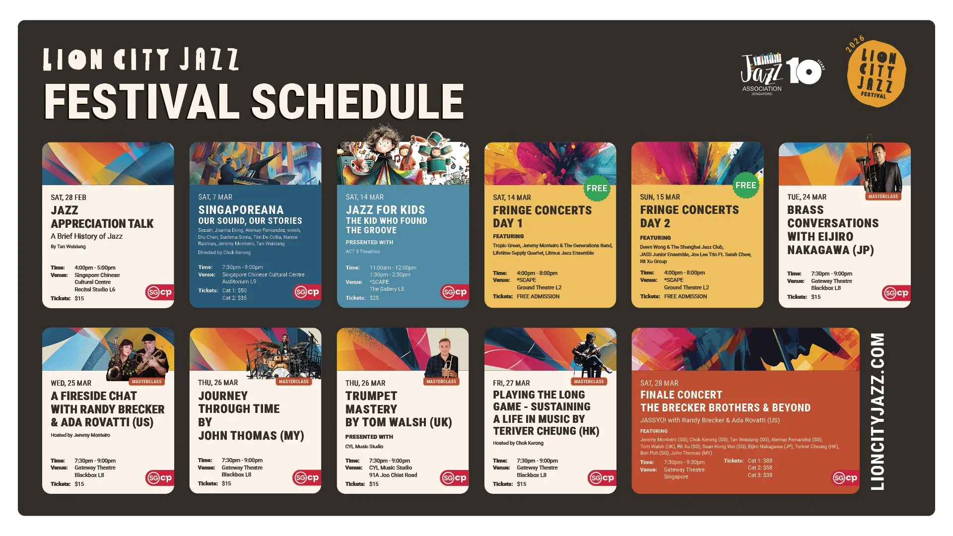 Poster for Lion City Jazz Festival Schedule with various dates, times, and artists, including jazz talks, masterclasses, and concerts from February 28 to March 28, 2026.