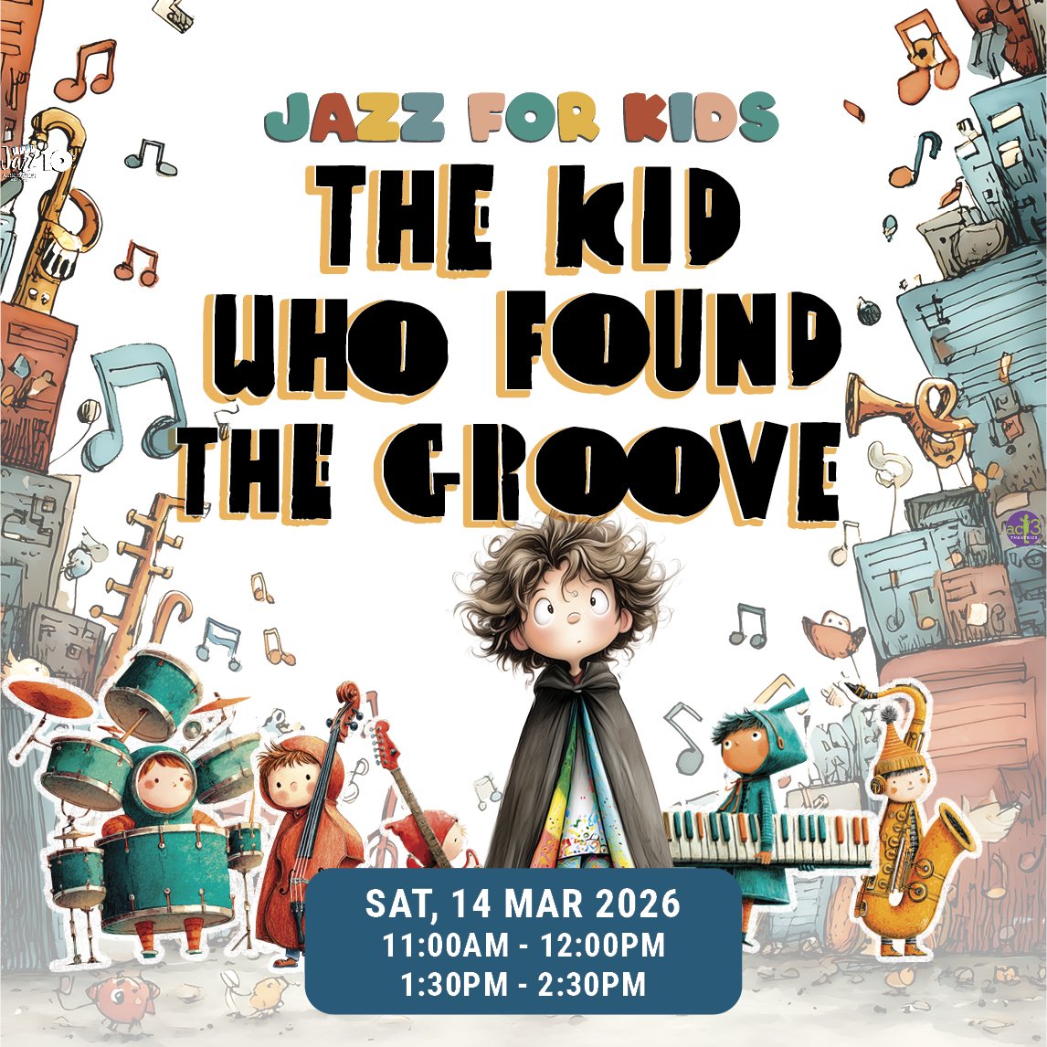 Promotional poster for a children’s jazz event titled 'Jazz for Kids: The Kid Who Found the Groove.' Features animated children playing musical instruments like drums, guitar, keyboard, saxophone, and violin, surrounded by musical notes and colorful buildings, with event date Saturday, March 14, 2026, scheduled at 11:00 AM, 12:00 PM, 1:30 PM, and 2:30 PM.