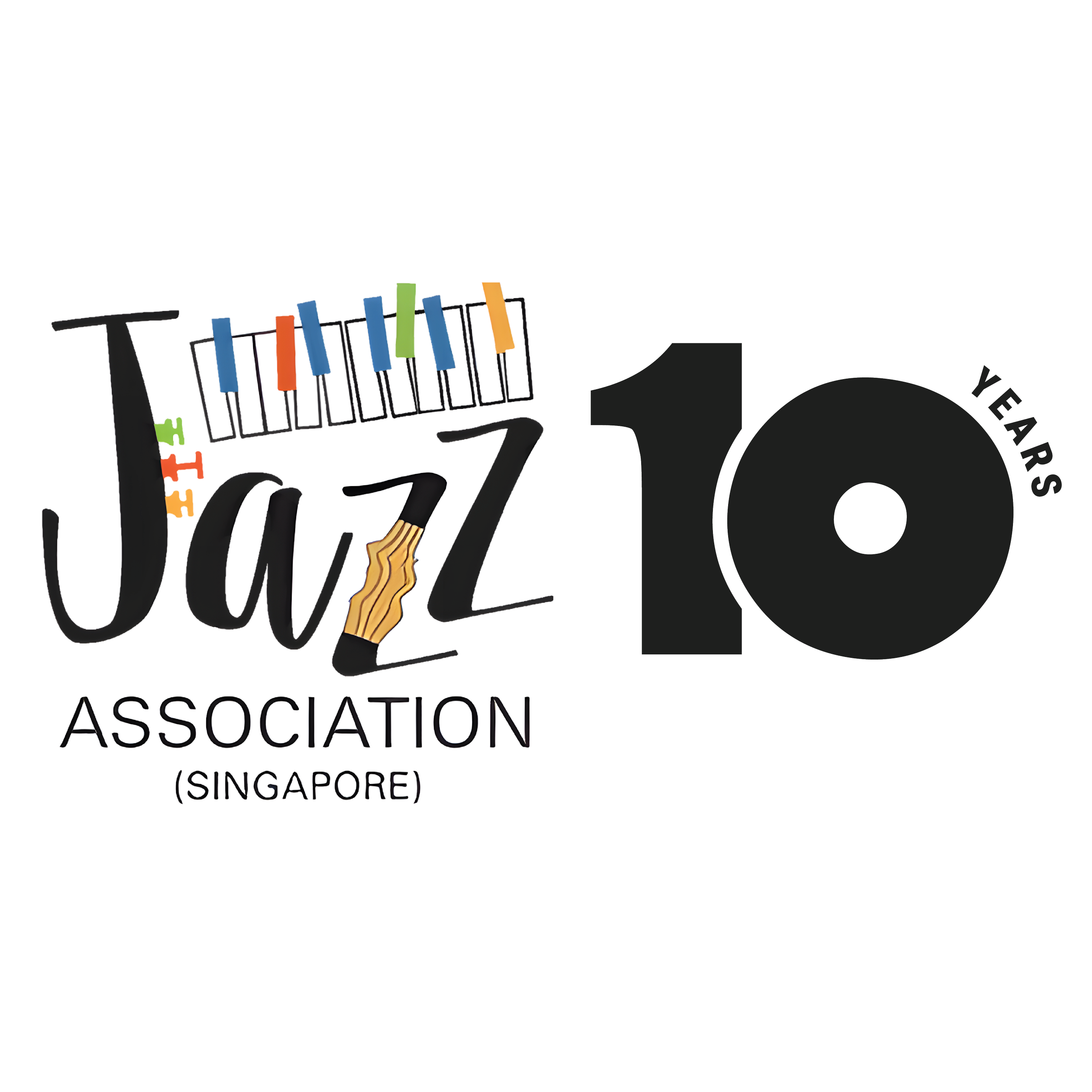 Logo for Jazz Association Singapore celebrating 10 years, featuring musical elements like piano keys, colorful microphones, and the number 10.