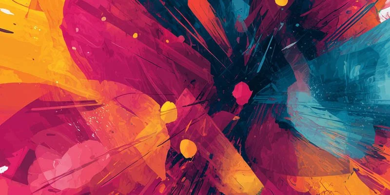 Abstract colorful splatter and brushstroke painting with pink, orange, yellow, blue, and black hues.