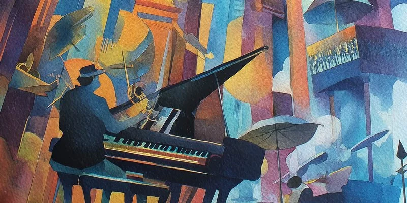 A musician wearing a hat and dark clothing playing a grand piano in an abstract, colorful cityscape.