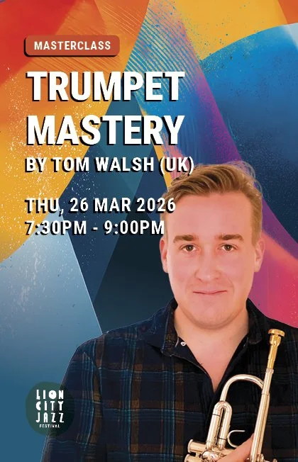 Event poster for a trumpet mastery masterclass by Tom Walsh (UK) on March 26, 2026, from 7:30 PM to 9:00 PM, with a portrait of Tom Walsh holding a trumpet and colorful abstract background.