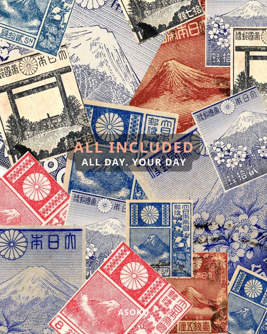 A collage of colorful Japanese banknotes featuring Mount Fuji, cherry blossoms, and traditional symbols.
