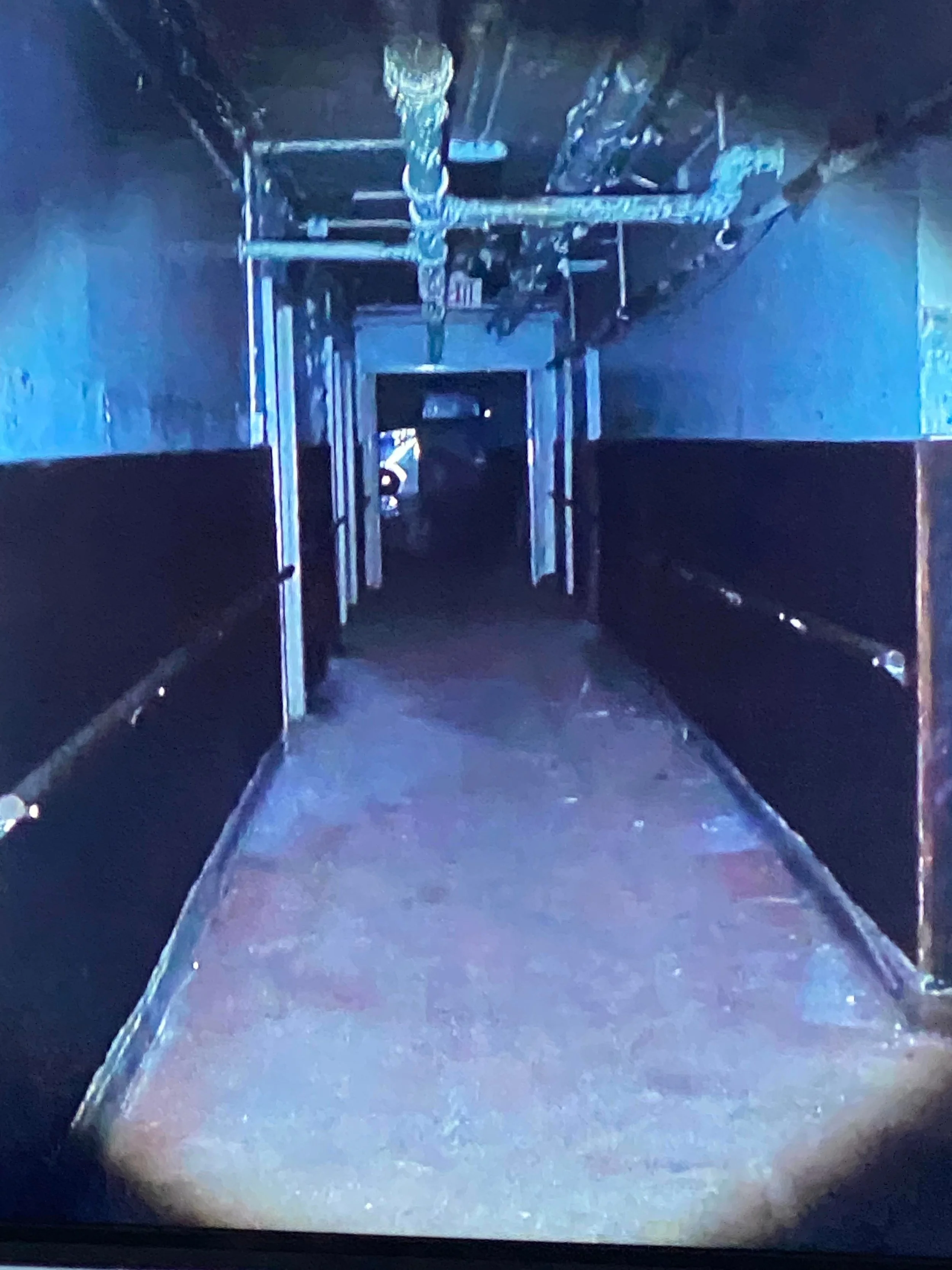 A dark hallway with black walls and a brown floor, with visible pipes and electrical wiring on the ceiling, and an exit door at the end.